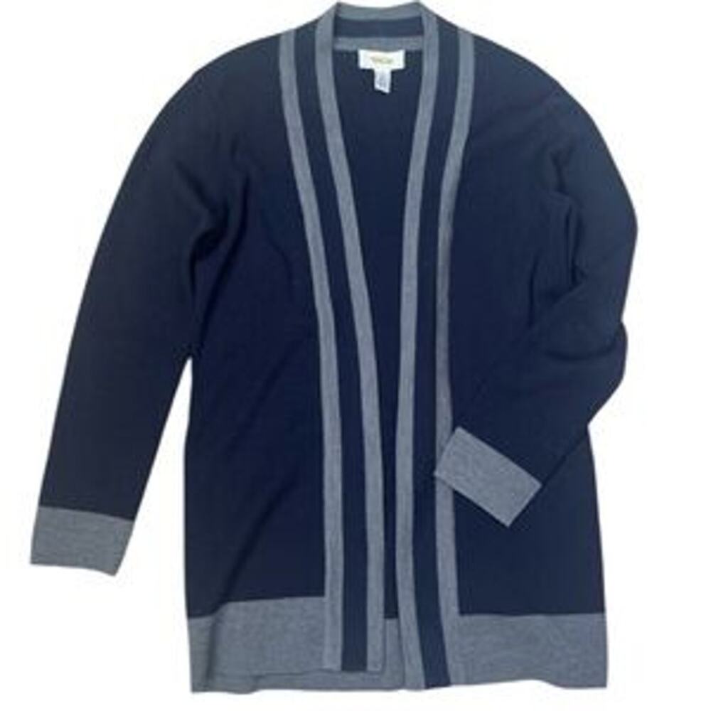 Talbots Merino Wool Open Cardigan Sweater Womens Small Petite Navy Grey Nautical